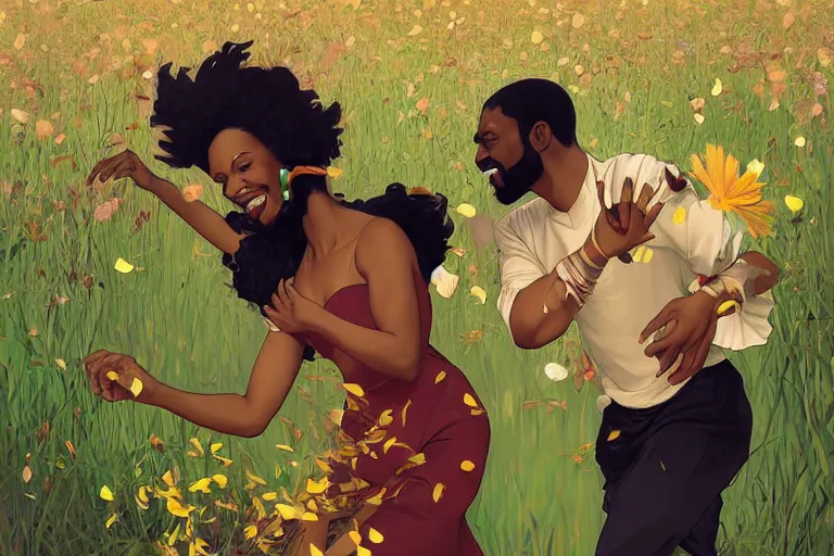 Prompt: portrait of a happy black couple running through lush grass surrounded by falling flower petals, crisp digital painting by artgerm, by mucha by caravaggio and face by wlop