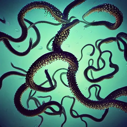 Image similar to “a swarm of dark tentacles underwater, beautiful digital art, underwater photography, deep ocean abyss, dark blue water background”