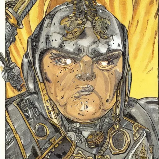 Image similar to a beautifully detailed warhammer 4 0 k portrait of angela merkel as inquisitor. western comic art by moebius.