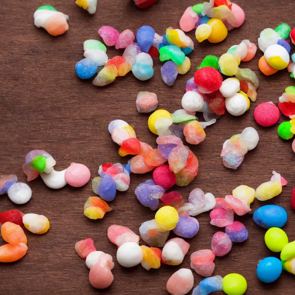 Prompt: close-up view of wrapped candy on top of a wooden table, 8k, high detail, photorealistic, proper shading