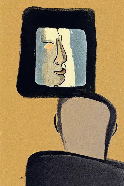 Image similar to man looking into a mirror, 1960’s minimalist advertising illustration, painterly, expressive brush strokes