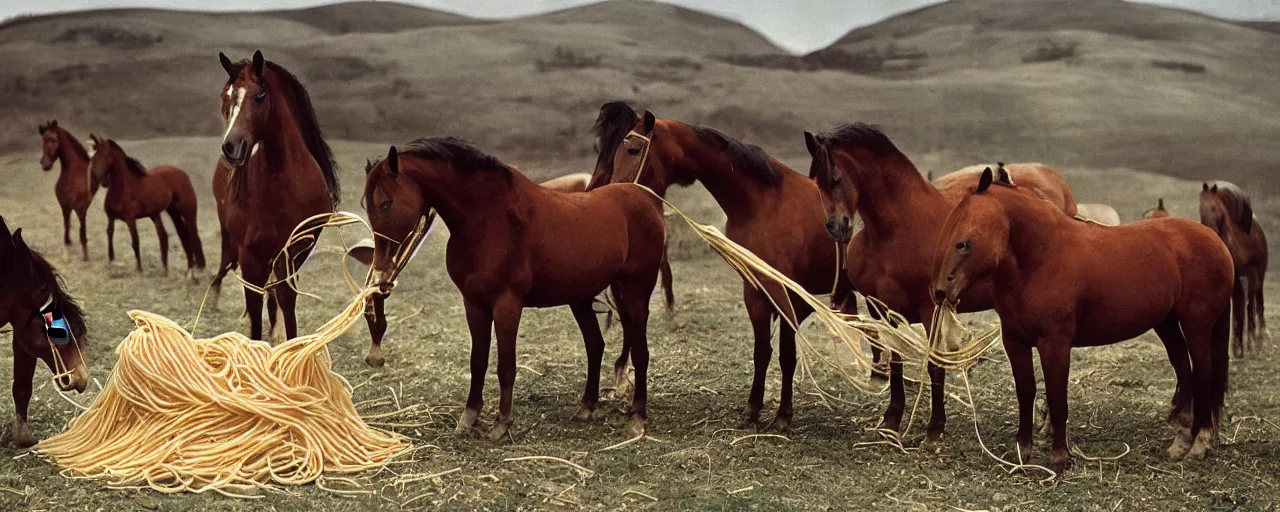 Prompt: horses eat spaghetti, world war 1, canon 5 0 mm, kodachrome, in the style of wes anderson, retro