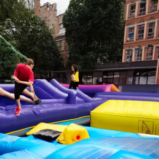 Prompt: people playing on a bouncy castle that looks like tom cruise