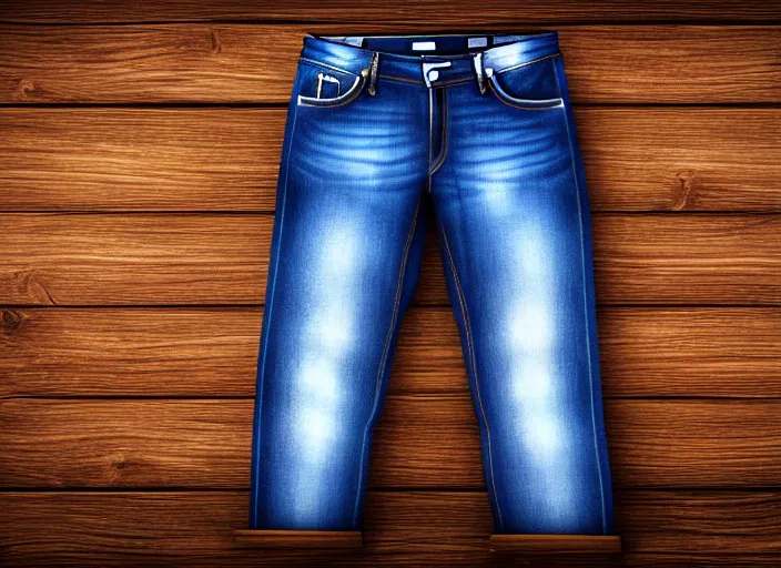 Image similar to clear highly detailed photorealistic topdown mockup product photograph of a realistic folded!! pair of realistic blue jeans on a wooden background