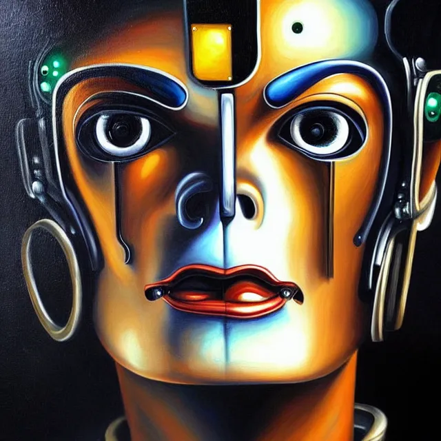 Image similar to a beautiful painting cyberpunk robot michael jackson face, by salvador dali realistic oil painting