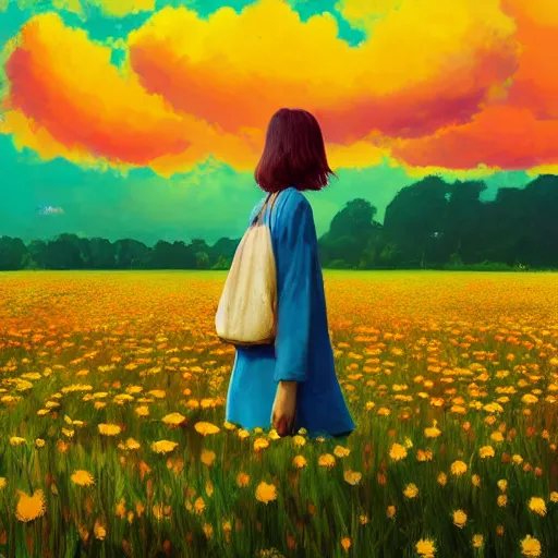 Image similar to giant daisy flower in front of head, full body girl walking in a flower field, surreal photography, sunrise, dramatic light, impressionist painting, colorful clouds, digital painting, artstation, simon stalenhag