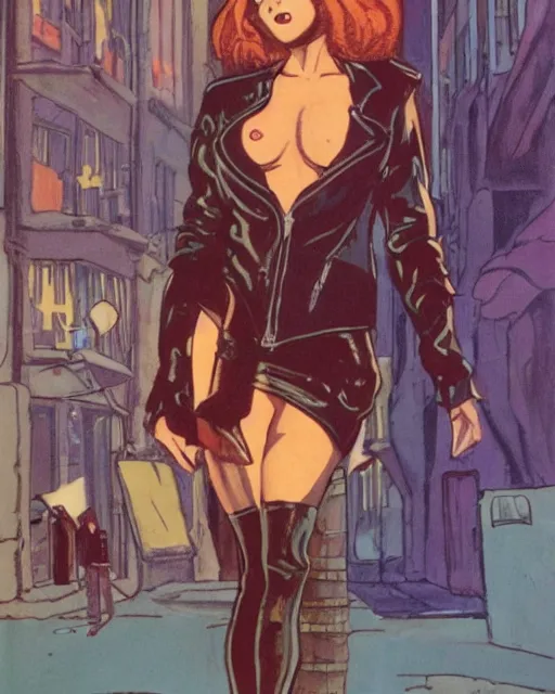 Image similar to young female protagonist in leather jacket, city street, artwork by ralph bakshi