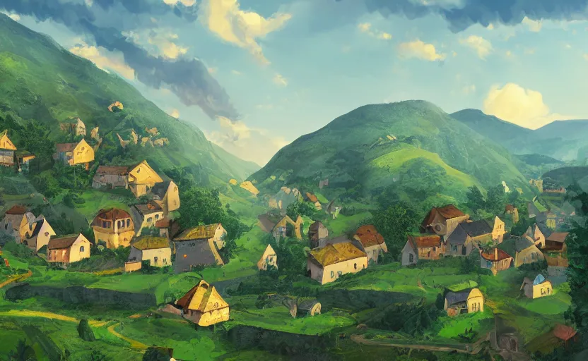 Image similar to a small village in a valley, villagers busy farming, a dragon approaching from a distance, storybook, gouache, flat, sharp edges, golden ratio, concept art, print