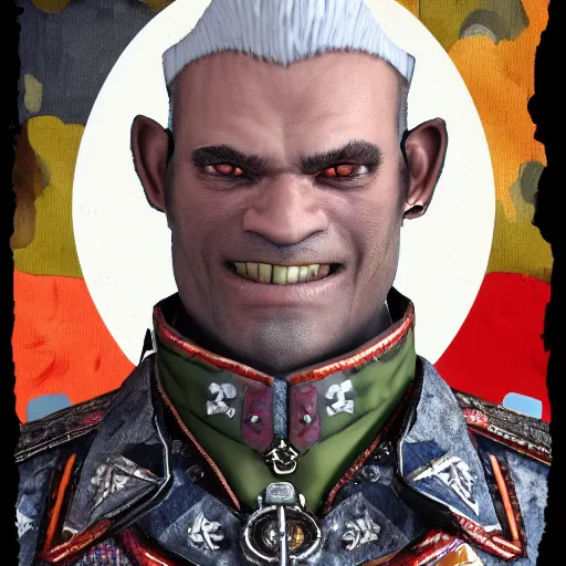 Prompt: portrait of a middle aged half orc, wearing a patchwork military uniform jacket with cut sleeves and many charms and baubles worked into the fabric, with an upturned collar. thin fangs showing through his lower jaw with a bemused smile. blueish grey eyes staring intently with a definite intelligence. final fantasy character