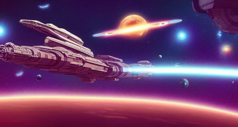 Image similar to a large mecha space ship cruising in space, gorgeous galaxies, moebius, warm coloured, maschinen krieger, beeple, star trek, star wars, film, atmospheric perspective