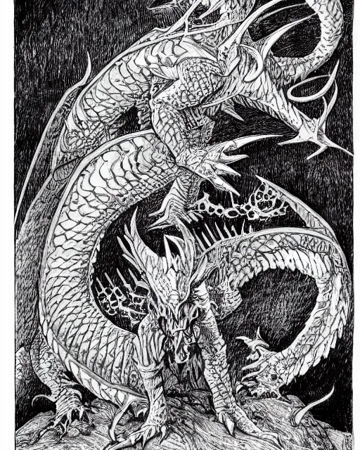 Prompt: blue eyes white dragon as a d & d monster, pen - and - ink illustration, etching, by russ nicholson, david a trampier, larry elmore, 1 9 8 1, hq scan, intricate details, high contrast