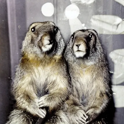 Prompt: Photo of Elegant dressed marmots at a gentlemen club, 1960,colorized