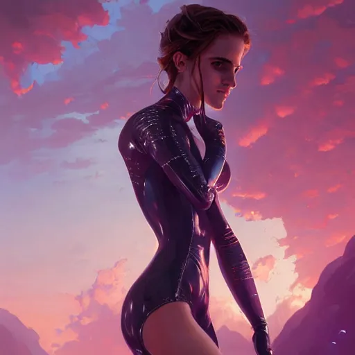 Prompt: highly detailed painting of emma watson wearing a latex suit, stephen bliss, 8 k, by greg rutkowski, loish, rhads, artgerm, ferdinand knab, makoto shinkai and lois van baarle, ilya kuvshinov, rossdraws, global illumination, radiant light, detailed and intricate environment