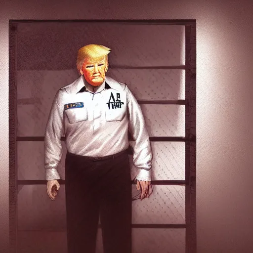 Image similar to trump in prison uniform in prison cell trending on artstation, dramatic lighting