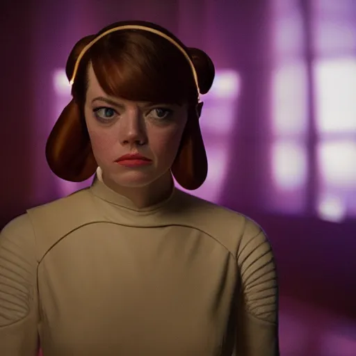 Image similar to Emma Stone as Princess Leia, movie scene, XF IQ4, 150MP, 50mm, F1.4, studio lighting, professional, Look at all that detail!, Dolby Vision, UHD