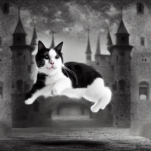 Image similar to happy black and white cat frolicking in a castle, realistic, digital art