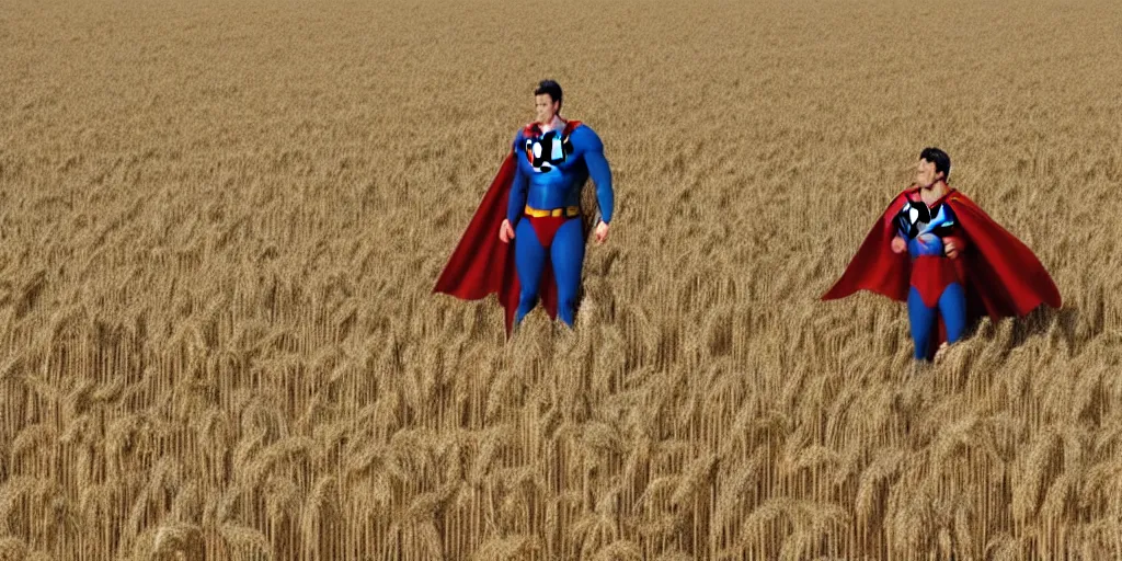 Image similar to superman is cutting wheat in a wheat field