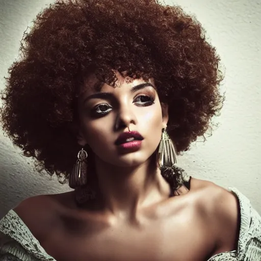 Image similar to sultry model with a curly afro, cinematic pose, intricate hair details, jewellery, big hooped earrings, long nails, off the shoulder shirt, soulful, pouty lips, real life details, soft shadows, sharp focus, volumetric lights, rim light, model, beautiful, gorgeous