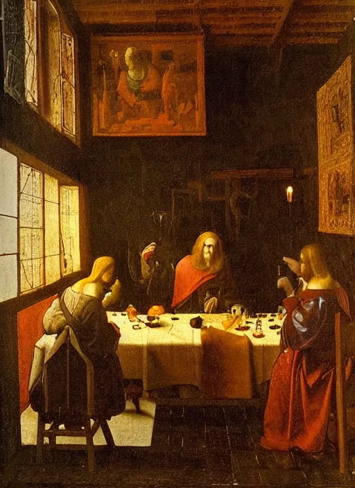 Image similar to a candlelit table at the inn, two people sitting at the table, swirling smoke, dark smoke, realistic, in the style of leonardo da vinci, dutch golden age, amsterdam, medieval painting by jan van eyck, johannes vermeer, florence