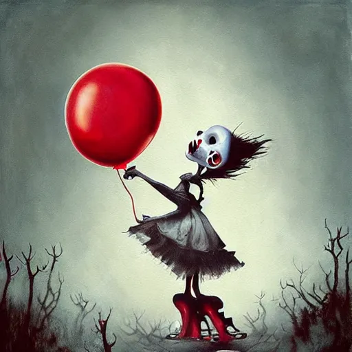 Prompt: grunge painting of underneath hell with a wide smile and a red balloon by chris leib, loony toons style, pennywise style, corpse bride style, horror theme, detailed, elegant, intricate, conceptual, volumetric light
