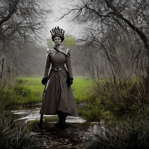 Prompt: cinematic shot of Queen Elizabeth II wearing combat armor and holding a rifle in a swamp, 8k, very detailed, very intricate, depth of field,