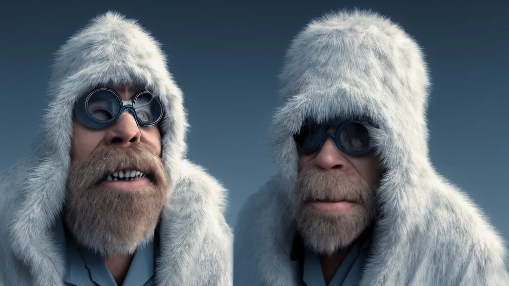 Image similar to a scientist who wears a scientist coat and has a yeti head for a head, 4 k, photorealistic, dramatic lighting