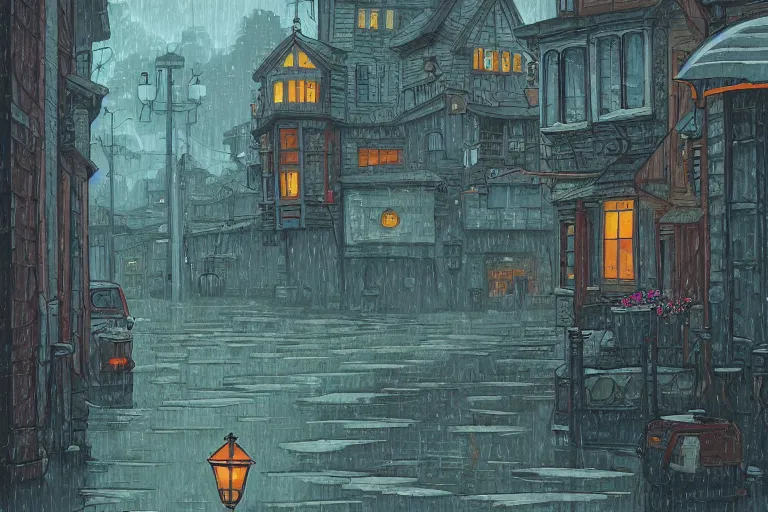 Prompt: A rainy roresy in the style of Ghibli Studio and Dan Mumford, detailed