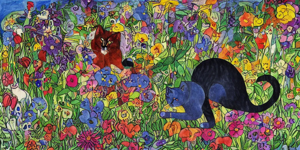 Prompt: cat playing in a garden of flowers, a mix media painting by laurel burch and Leonardo da Vinci and Natalia Goncharova, cluttered , child's drawing, art by Studio Ghibli, anime, thick black lineart