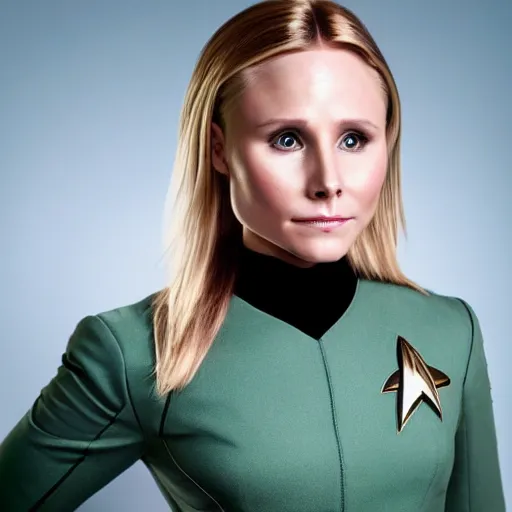 Prompt: a beautiful full body photograph of kristen bell as a star fleet officer from star trek next generation, symmetrical face, extreme realism and detail, 8 k, completely framed, direct lighting, 3 5 mm photo, photorealistic, sharp focus