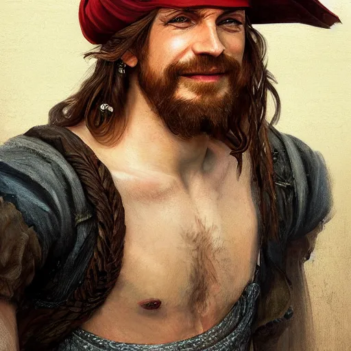 Image similar to portrait of a young rugged pirate, smiling, male, masculine, handsome, upper body, red hair, long hair, D&D, fantasy, intricate, elegant, highly detailed, digital painting, artstation, concept art, matte, sharp focus, illustration, art by Artgerm and Greg Rutkowski and Alphonse Mucha