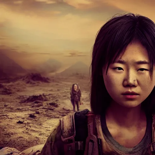 Image similar to photographic portrait of a young asian women in apocalypse, last days on earth, highly detailed, 8 k, cinematic lighting