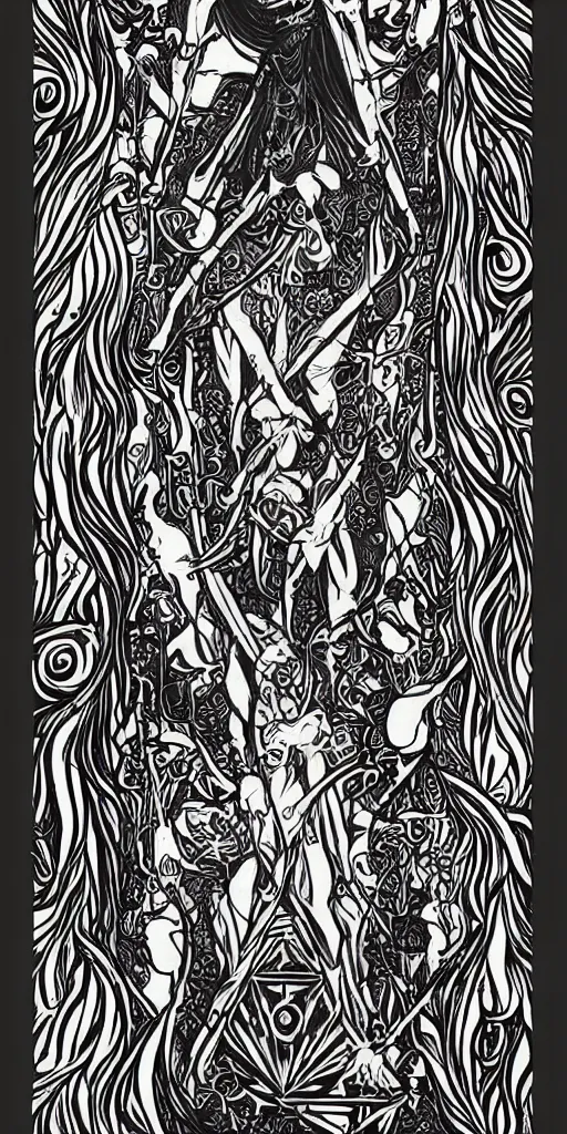 Prompt: a beautiful black and white fractal tarot card featuring bold occult imagery with clean lines. female demon.