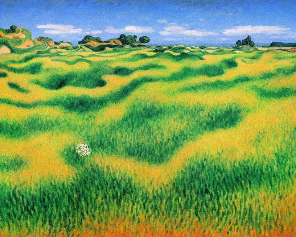 Image similar to achingly beautiful painting of bandon dunes fairway by rene magritte, monet, and turner.