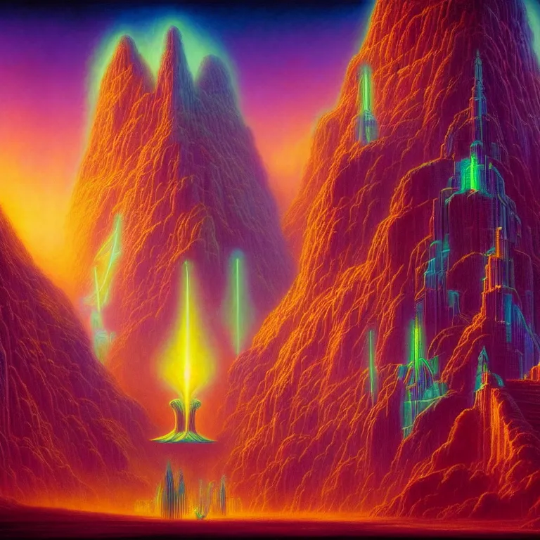 Image similar to mysterious glowing angels over epic dark ancient city, infinite fractal tesseract, quantum waves, synthwave, bright neon colors, highly detailed, cinematic, tim white, vladimir kush, philippe druillet, roger dean, bob eggleton, michael whelan, boris vallejo, alfred kelsner, kubrick