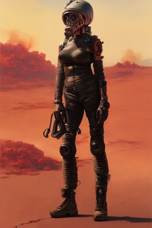 Image similar to a ultradetailed beautiful panting of post apocalyptic woman biker with helmet in front of burning desert, anatomically correct, pretty face, high detailed face, by ilya kuvshinov, greg rutkowski and makoto shinkai, trending on artstation