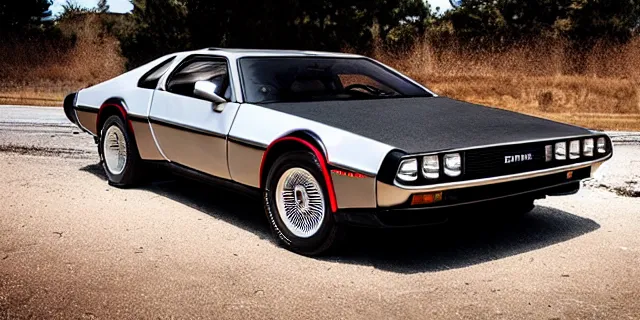 Image similar to a single delorean and 1 9 6 9 dodge charger hybrid, dslr