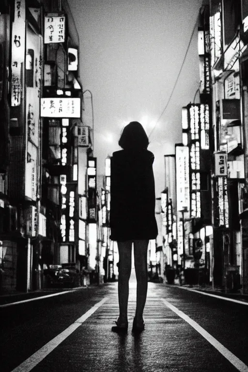 Image similar to a woman standing in the middle of a tokyo street at night, in the style of the dutch masters and Gregory Crewdson