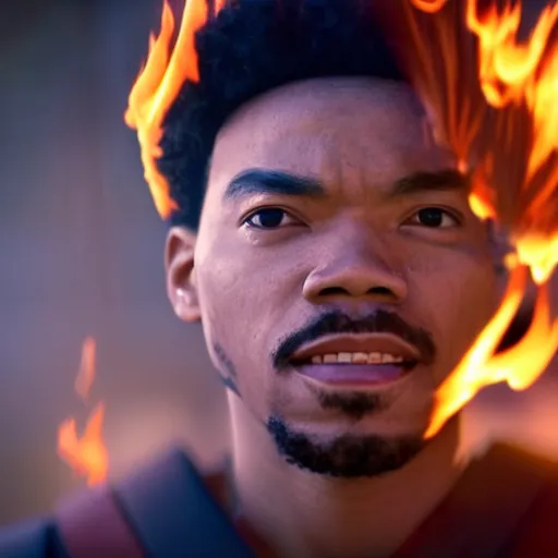 Image similar to cinematic film still of Chance The Rapper starring as a Samurai holding fire, Japanese CGI, VFX, 2022, 40mm lens, shallow depth of field, film photography