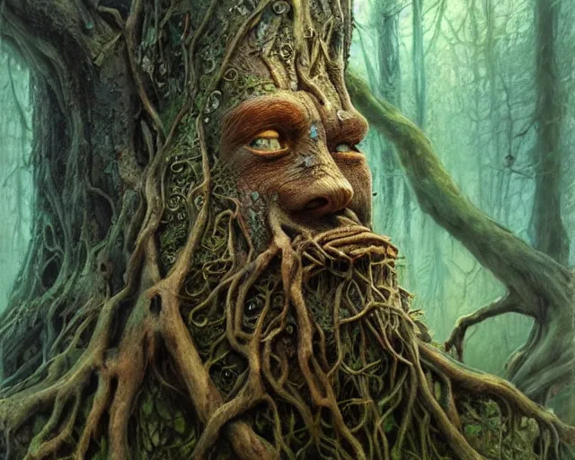 Image similar to a talking tree, a face in the bark, mouth in the bark, eyes in the bark, fantasy concept art, digital painting, oil painting, hyperrealistic, beautiful, treebeard, ent, magical, highly detailed, very detailed eyes, artstation, cgsociety, in the forest, by alan lee, by artgerm