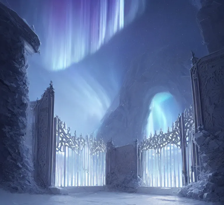 Prompt: a very detailed concept art of intricate and well designed white gates to aurora borealis infused with magic by greg rutkowski, dynamic lighting trending on artstation, symmetry, digital art, 4 k, hyper realistic, octane render, sharp focus