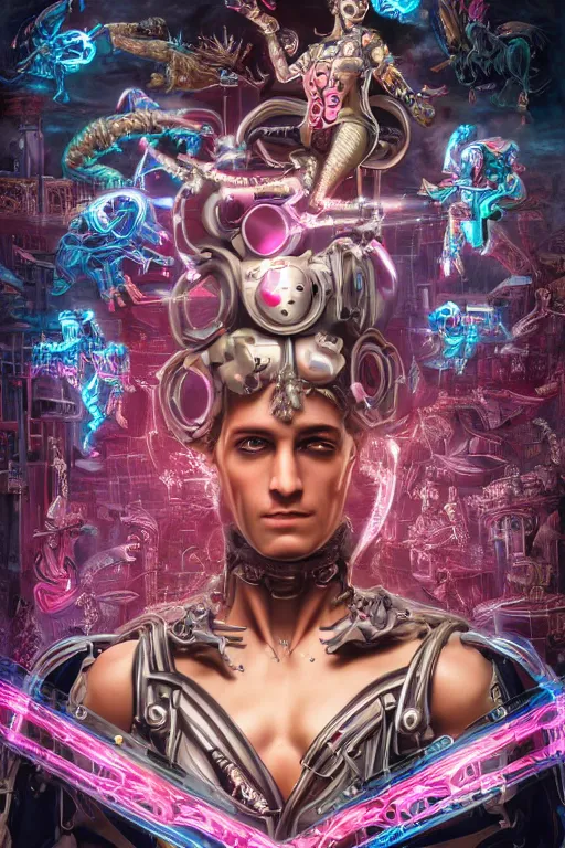 Prompt: full-body rococo and cyberpunk style sculpture of a young handsome Spanish prince half android with a chest exposing circuitry, glowing pink laser eyes, crown of blue gears and diamonds, swirling salmon-colored silk fabric, robotic raptors dinosaurs. baroque elements. full-length view. intricate artwork by caravaggio. Trending on artstation, octane render, cinematic lighting from the right, hyper realism, octane render, 8k, depth of field, 3D