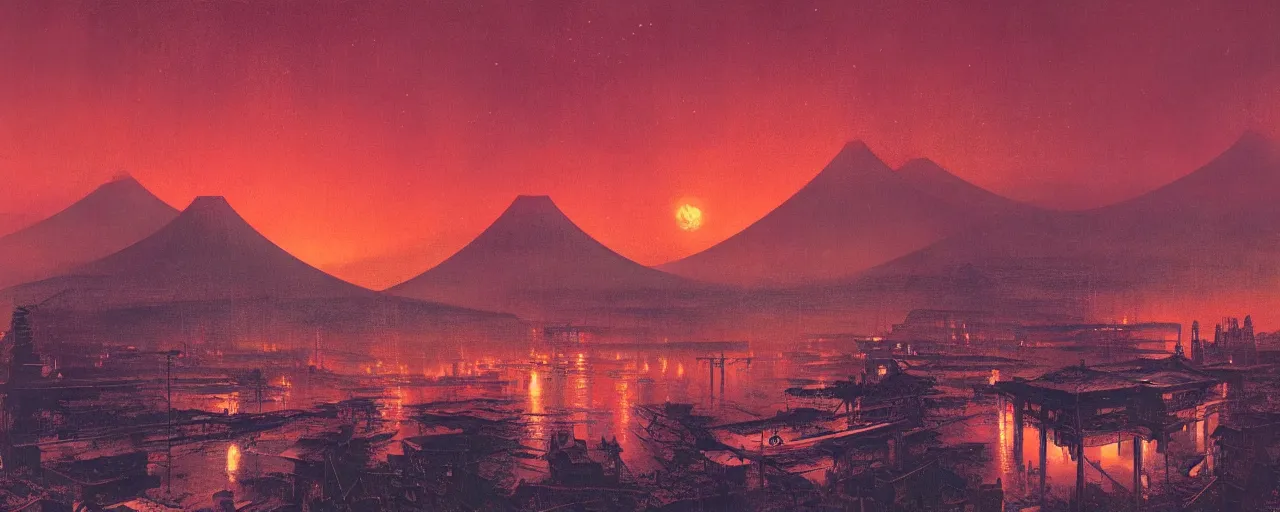 Prompt: awe inspiring bruce pennington city landscape, digital art painting of 1 9 6 0 s, japan at night, 4 k, matte