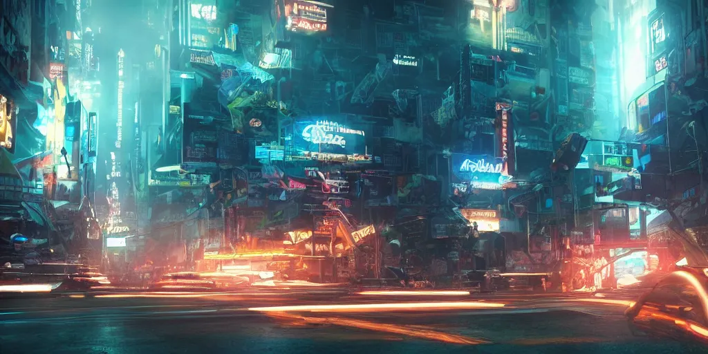 Image similar to a 3 d rendered in unreal engine guatemalan cyberpunk city with flying cars with neon ads and signs with evocative dramatic mood with blade runner vibe with motion blur with depth of field with bloom with lightshaft with volumetric lights, fog, by jeremy mann, oscar winning graphics, photo realistic, bloom, imax, dynamic lighting, artstation,