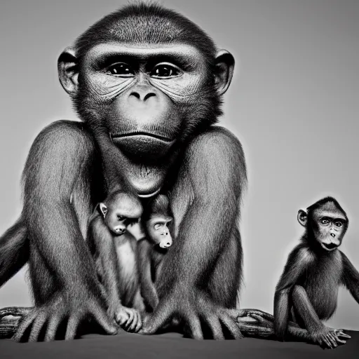 Prompt: Contamporary art photography of ultra mega super hyper realistic detailed group of monkey's that wears suits standing around very highly detailed Obsidian monolith in the desert