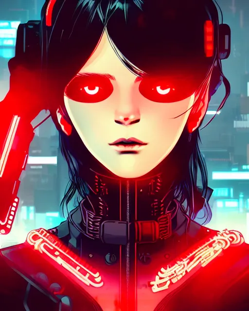 Image similar to a comic potrait of a cyberpunk cyborg girl with black and red parts, fine - face, realistic shaded perfect face, fine details. night setting. very anime style. realistic shaded lighting poster by ilya kuvshinov katsuhiro, unreal engine, global illumination, radiant light, detailed and intricate environment