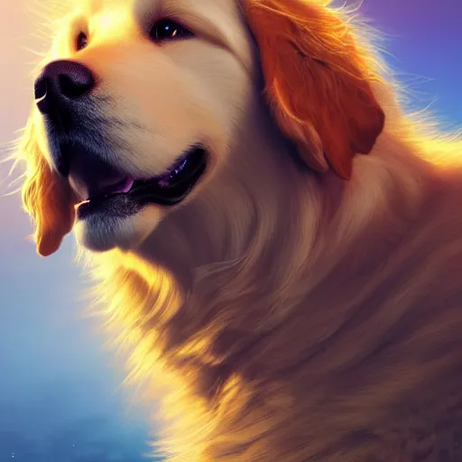 Prompt: colossal fluffy golden retriever, golden hour, fantasy, vivid colors, sharp focus, digital art, hyper - realistic, 4 k, unreal engine, highly detailed, hd, dramatic lighting by brom, trending on artstation