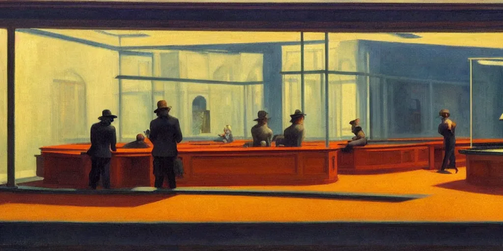 Prompt: painting, view from inside edward hopper's painting nighthawks, of a group of werebears robbing a bank, foggy