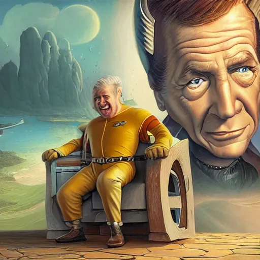 Image similar to Captain Kirk Funny cartoonish by Gediminas Pranckevicius H 704 and mort drucker Tomasz Alen Kopera, masterpiece, trending on artstation