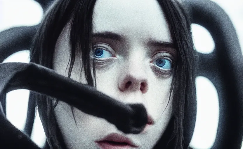 Image similar to cinestill 5 0 d candid photographic portrait by stanley kubrick of billie eilish as an android wearing black techwear on a brutalist dystopian spaceship, extreme closeup, modern cyberpunk moody emotional cinematic, liminal overgrown god rays, 8 k, hd, high resolution, 3 5 mm, f / 3 2, ultra realistic faces, ex machina