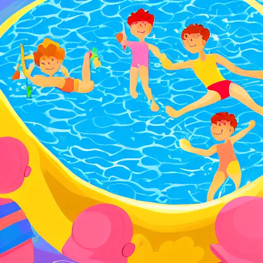 Image similar to a colorful and playful illustration of children playing in a swimming pool